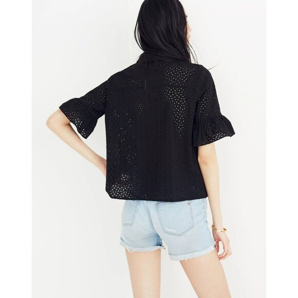 Madewell Black V Neck Button Front Eyelet Short Sleeve Blouse M - Picture 2 of 11